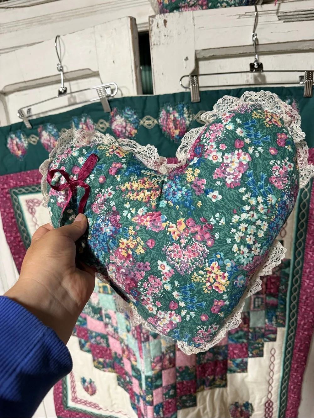 Cottagecore Floral Heart Patchwork Throw Quilt with matching pillows